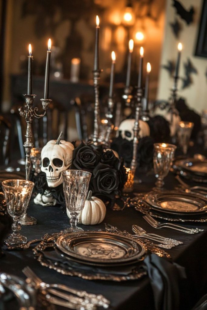 Skeleton banquet with gold skull decor.