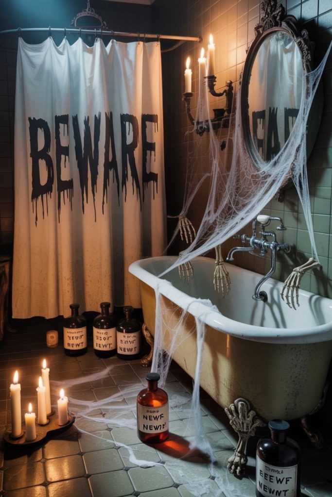 Skeleton spa bathroom with eerie bones.