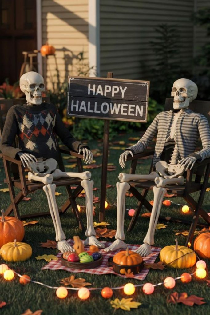Skeletons sitting together with glowing pumpkin
