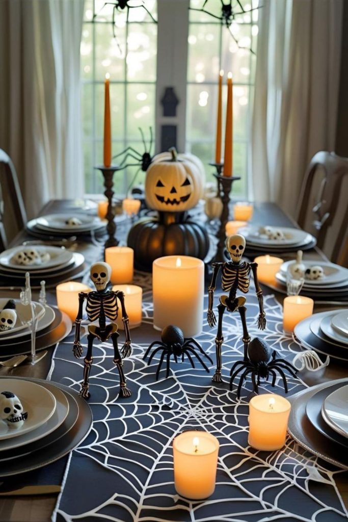Skeleton table guard holding snack tray.