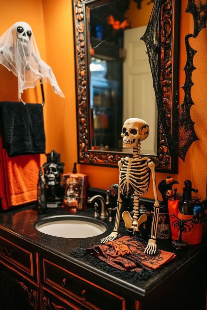 Orange wall vanity with skeleton decor.