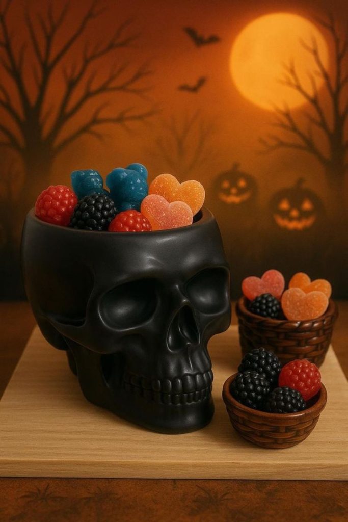 Skull candy bowl with spooky sweets