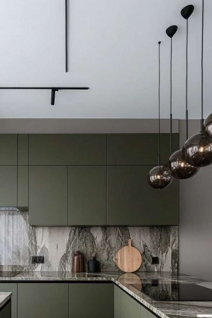 Slate forest kitchen with olive cabinets.