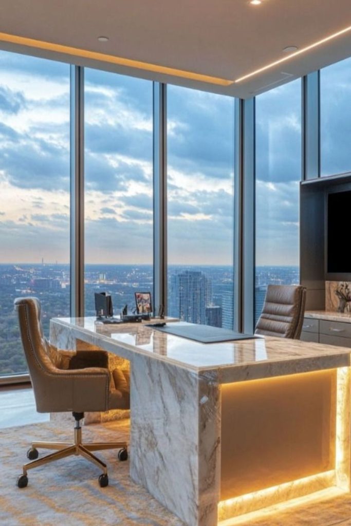 Sleek city tower glass office view