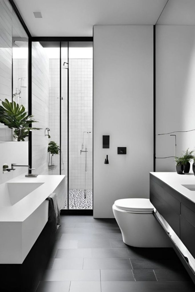 Gray and white calm minimalist bathroom.