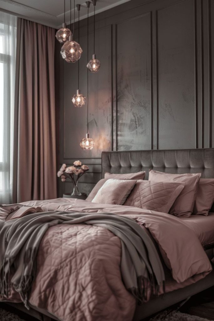 Dusky rose candlelit bedroom decor.