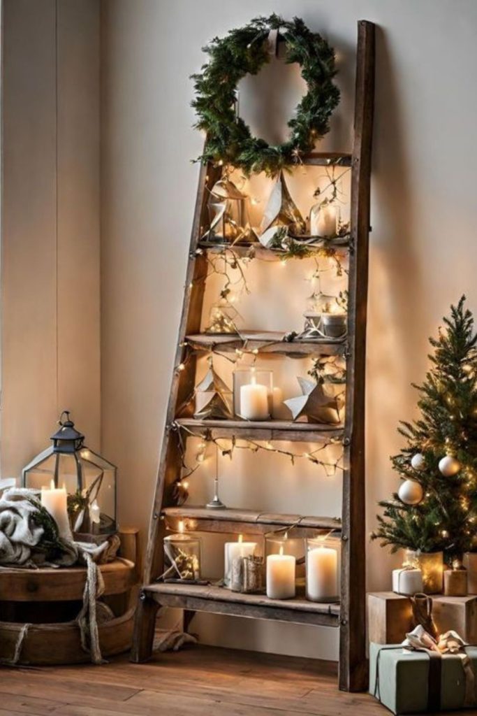 Snow-dusted ladder rustic winter display.