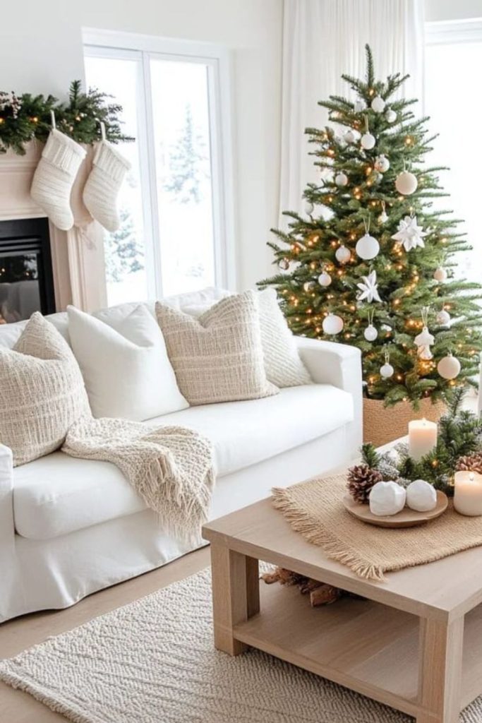 Soft white minimalist Christmas interior.