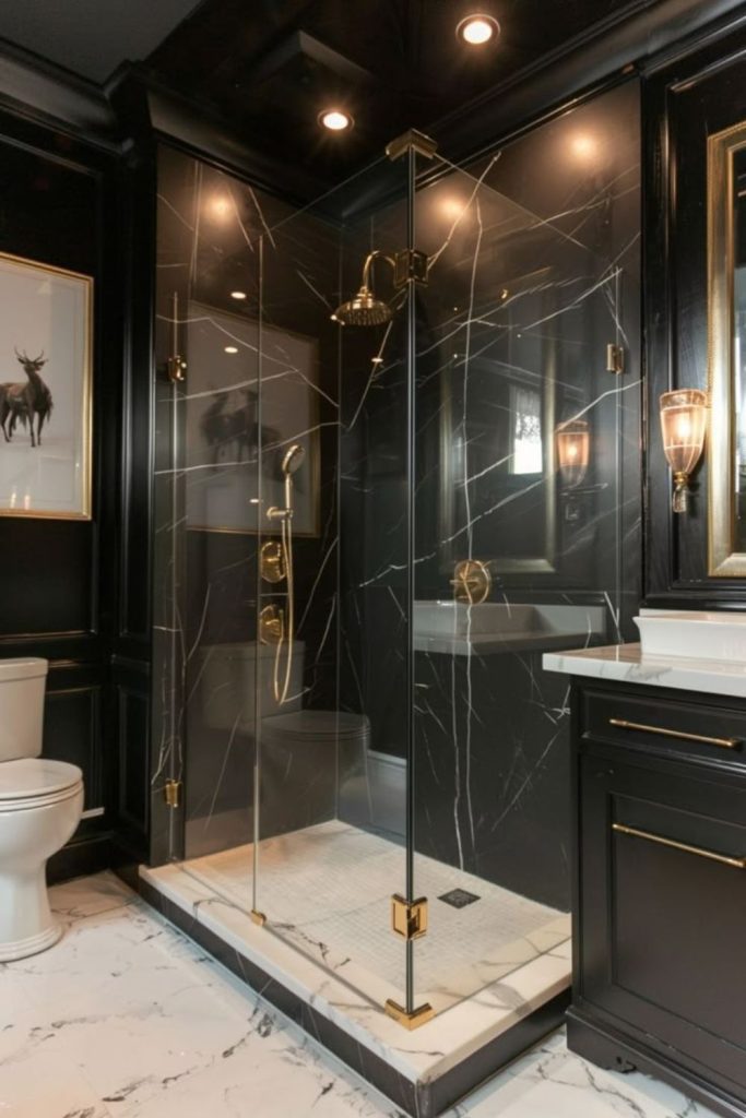 Charcoal and white marble serene bathroom.