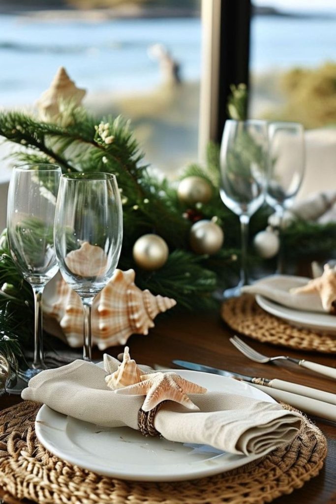 Coastal-inspired icy beach winter table.
