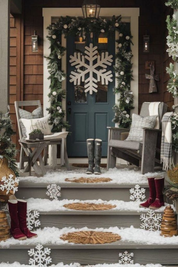 Minimal white snow-covered winter porch.