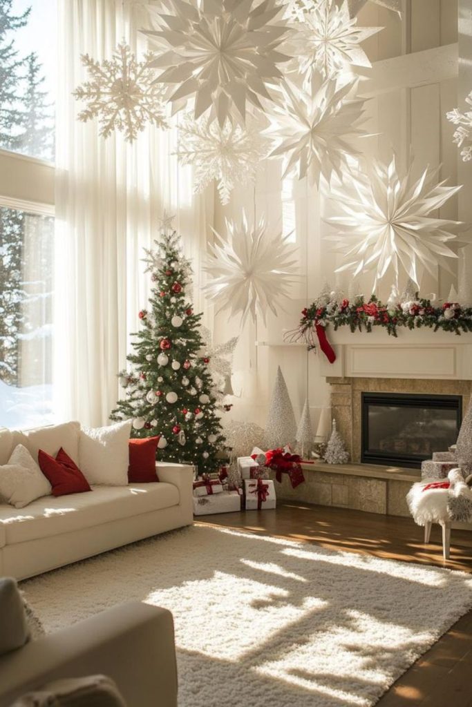 Snowflake chandelier with winter light reflections