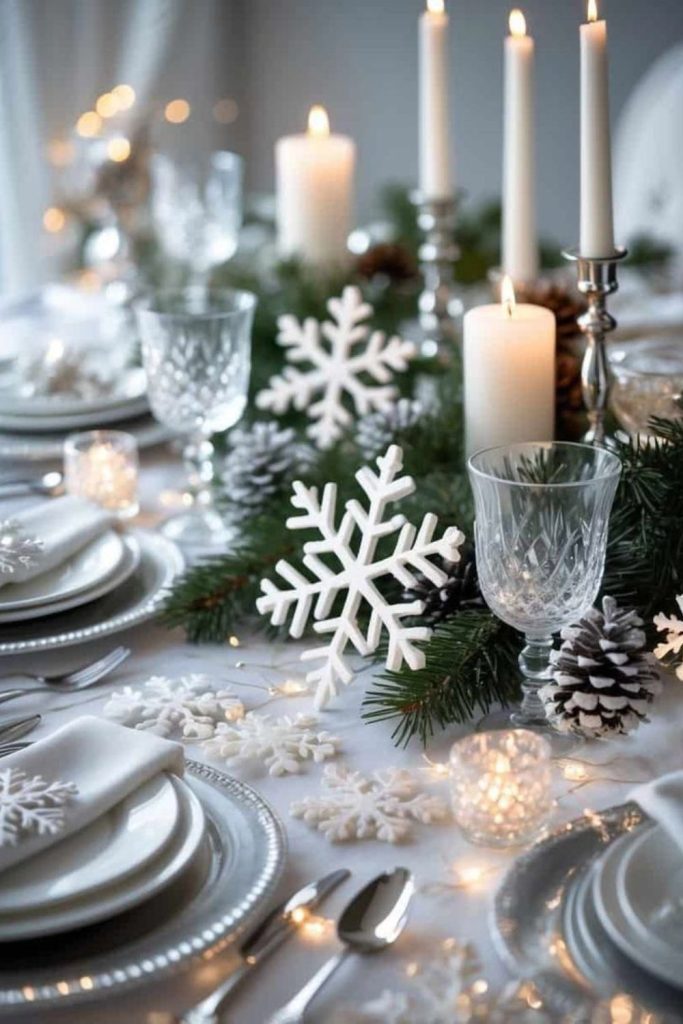 Elegant snowflake-themed winter dining decor.