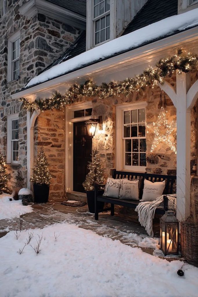 Farmhouse porch with snowy rustic charm.