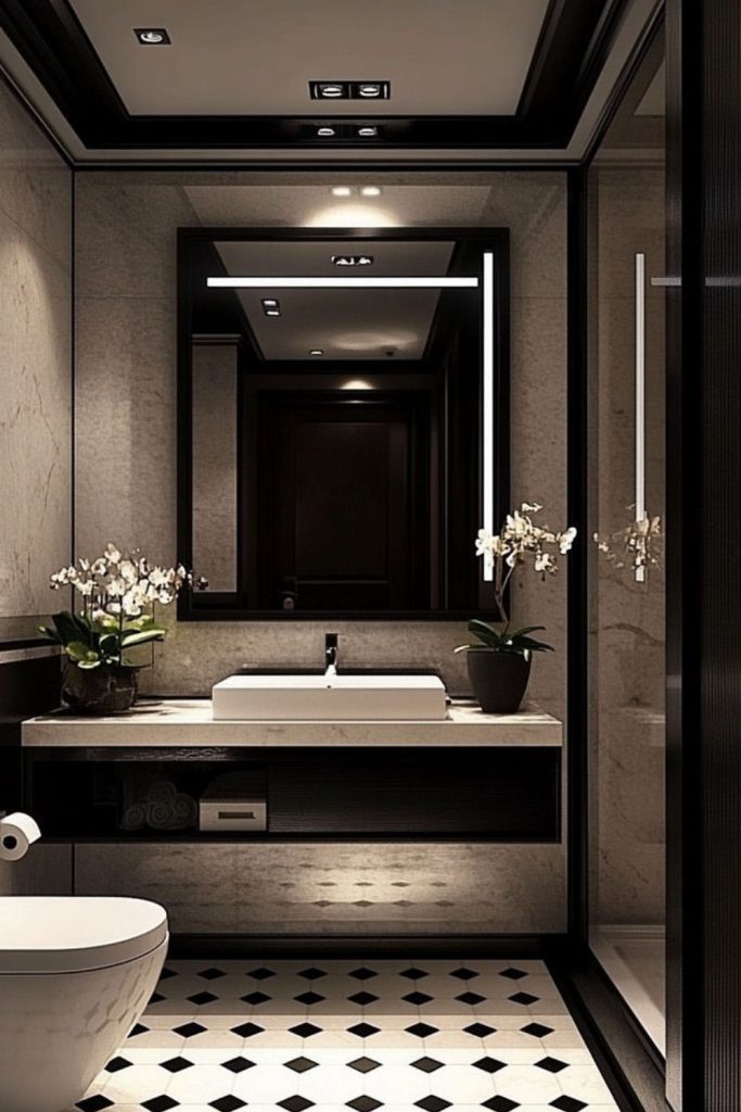 Muted monochrome bathroom with stone tiles.
