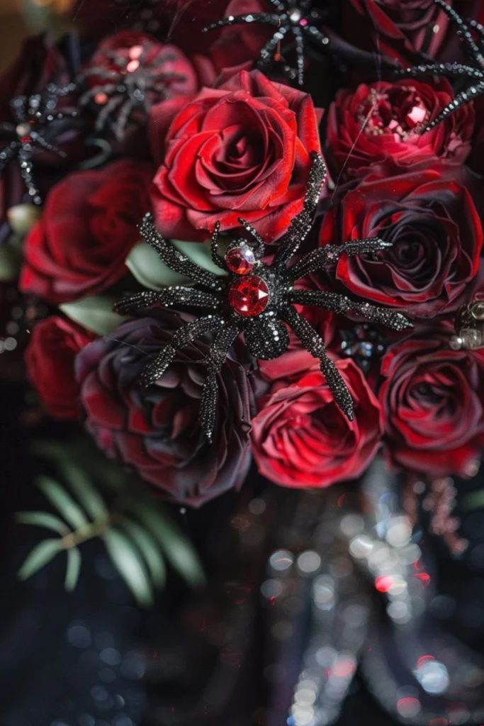 Spider blossom roses with jeweled webs.