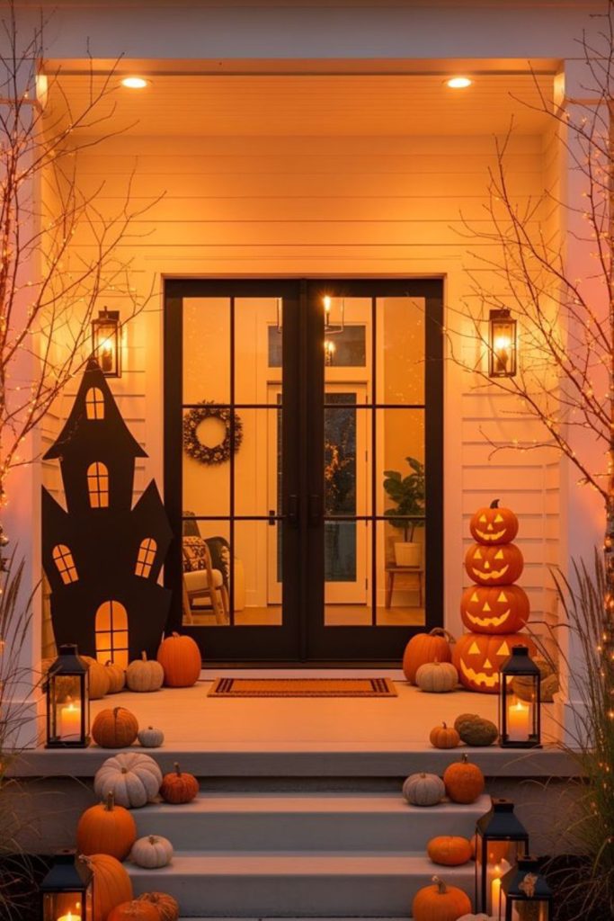 Spooky pumpkin tower glowing with candles