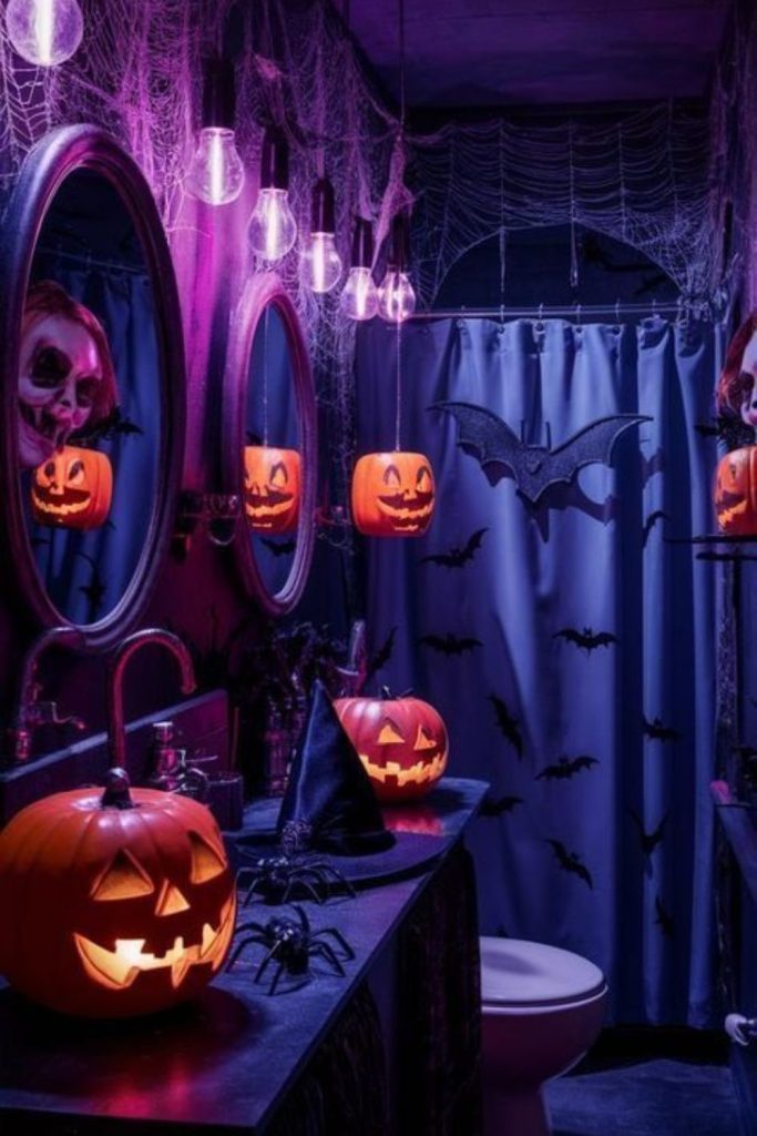 Spooky soap-themed Halloween vanity setup.