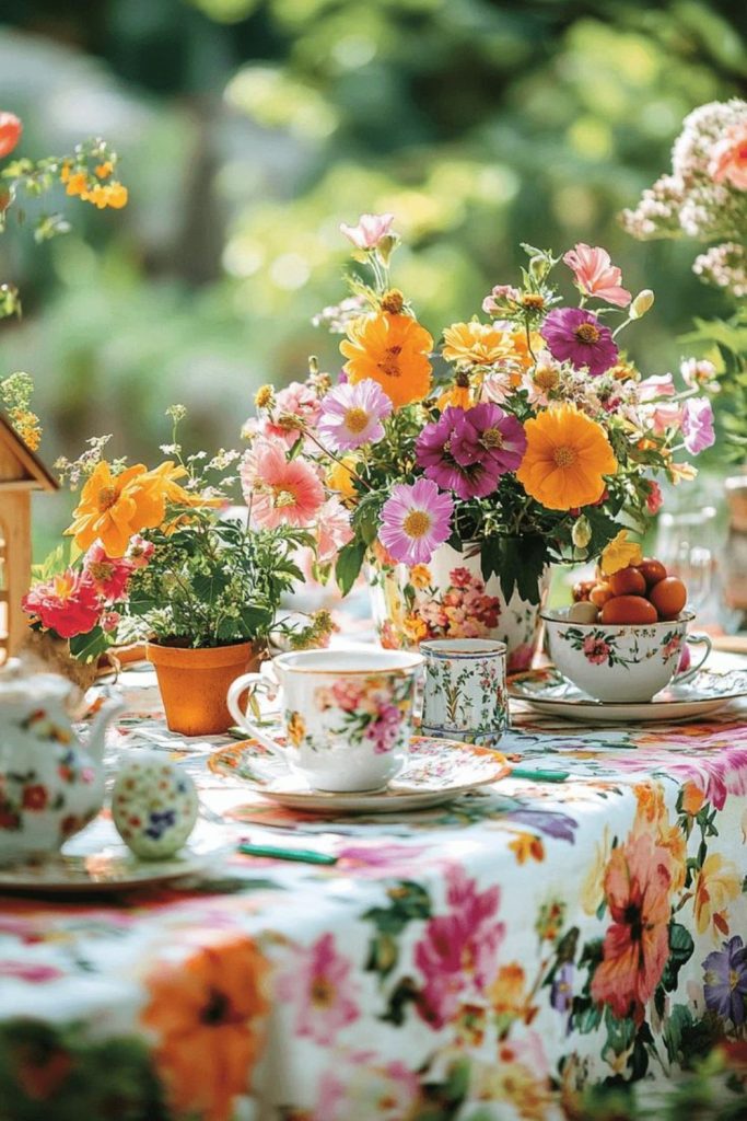 Spring orchard pastel outdoor table decor.