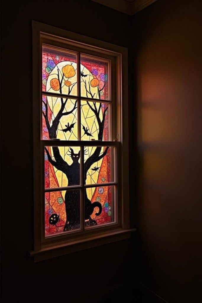 Stained glass cat tree moon window painting.