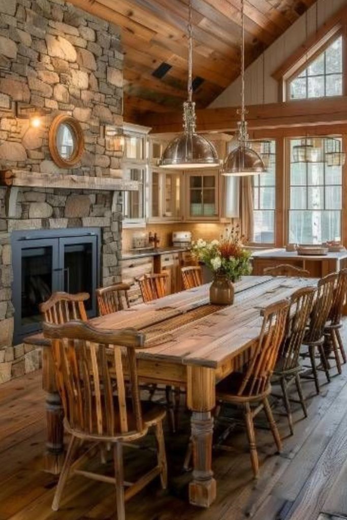 Stone hearth rustic mountain dining table.