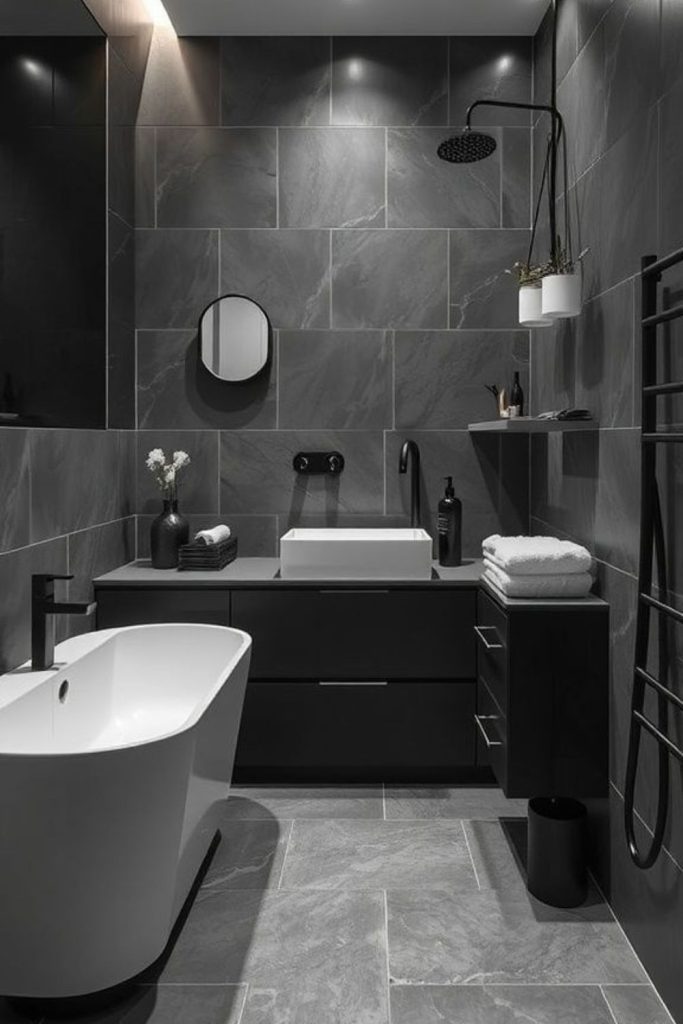 Stormy marble luxury monochrome bathroom.