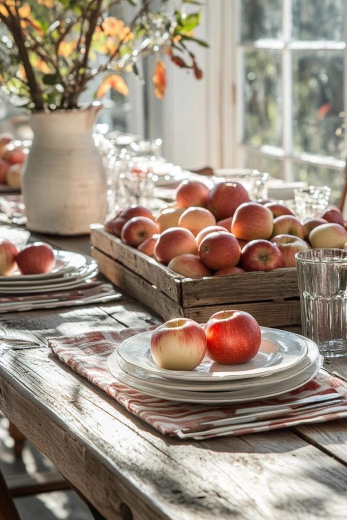 Orchard-themed golden harvest table decor.