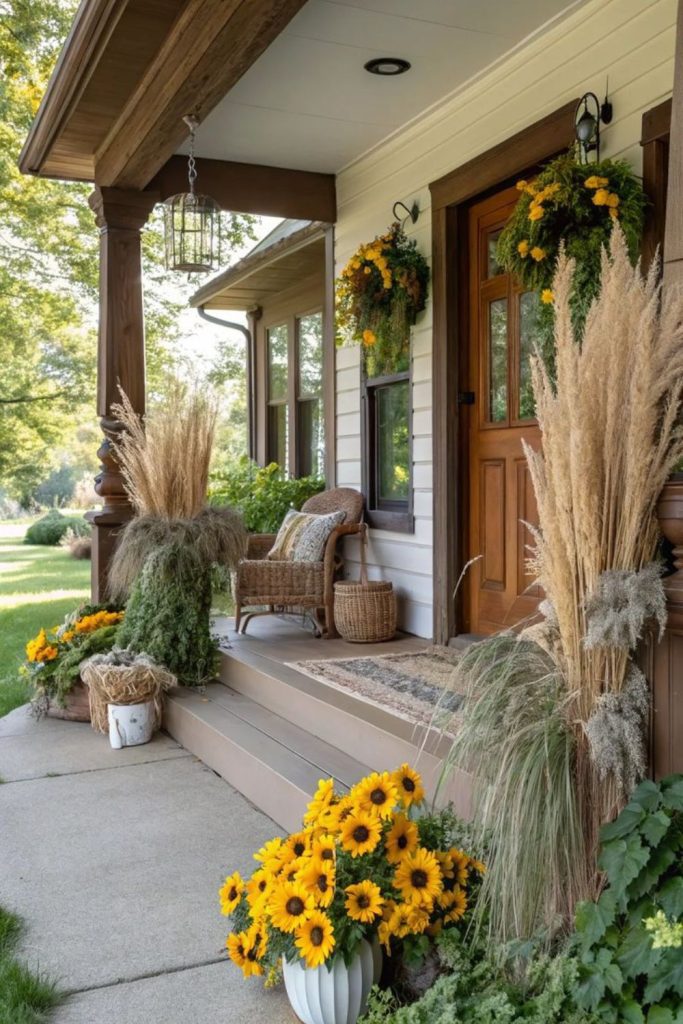 Sunflower porch with rustic ladder.