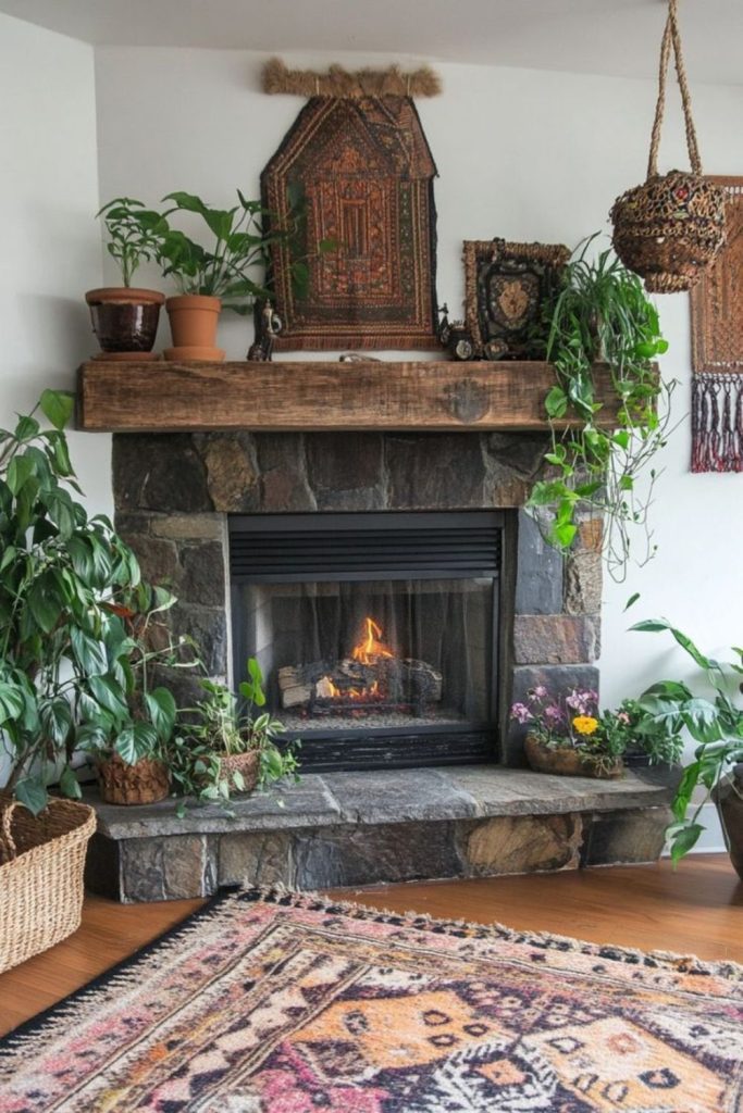 Sunroot-inspired cottage hearth with soft light.
