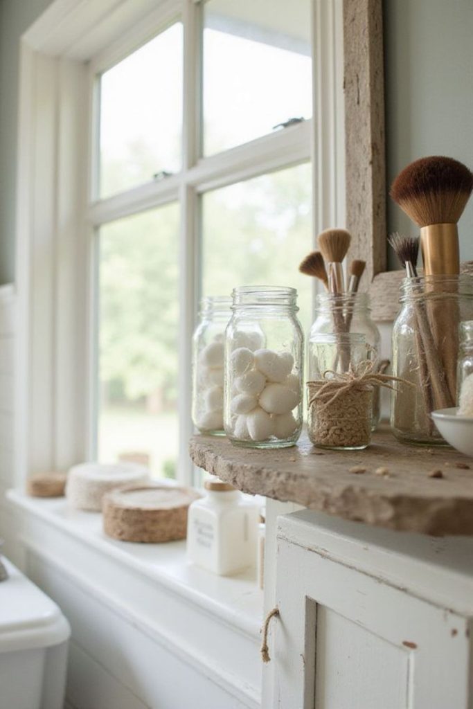 Suspended mason jar light storage.