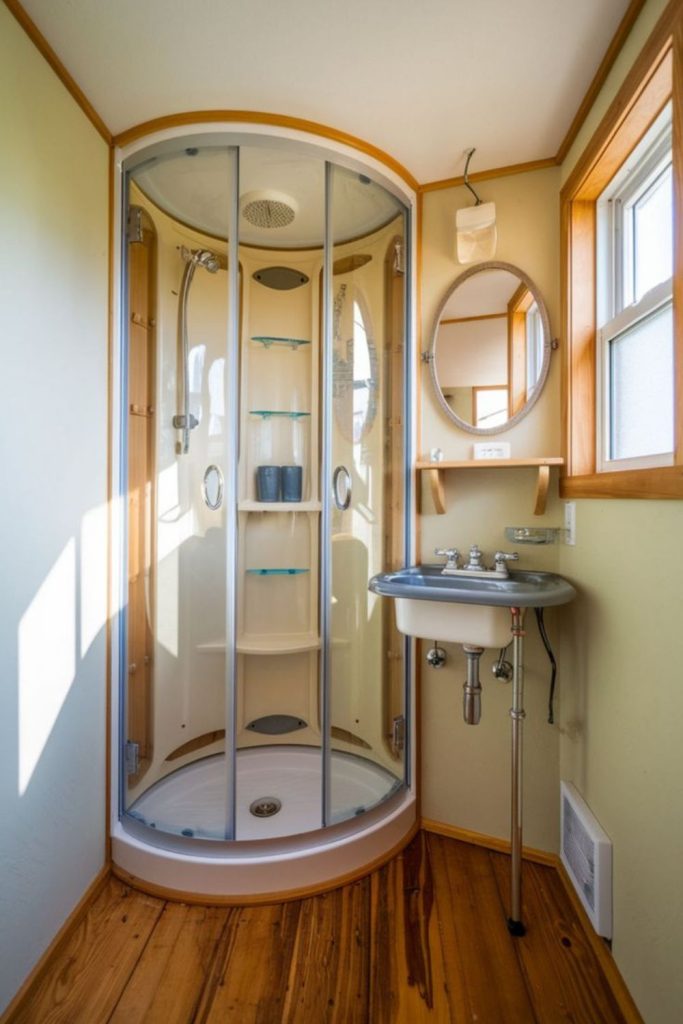 Wooden teak warm-toned small bathroom.