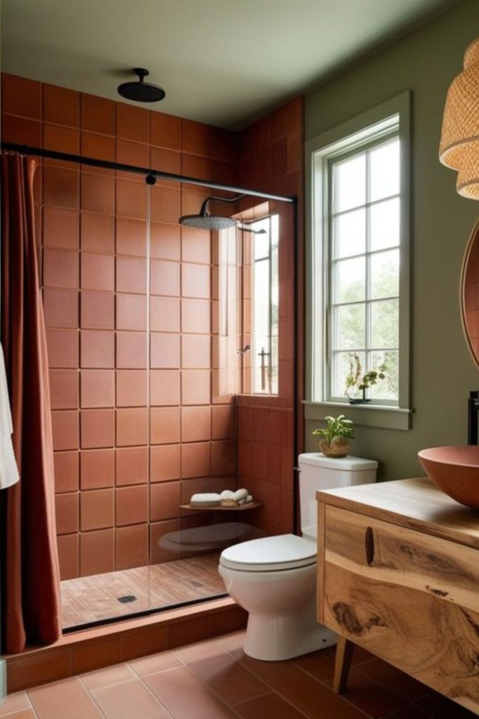 Clay earthy warm-toned small bathroom.