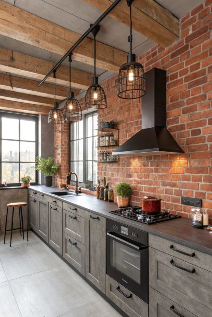 Brick and wood loft-style kitchen.