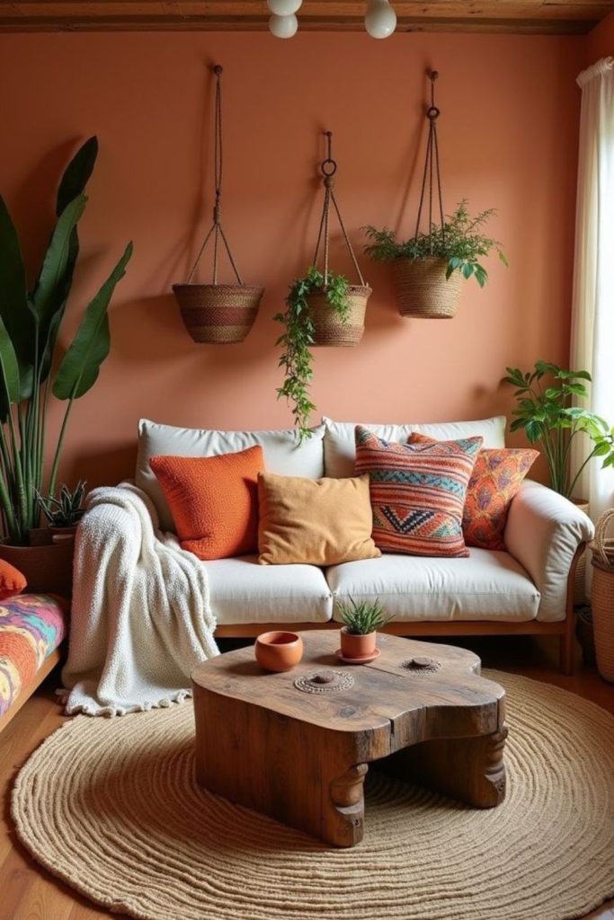 Terracotta den with vintage lighting.