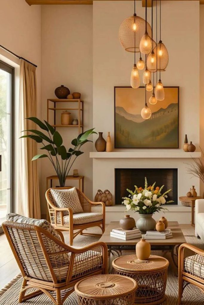 Terracotta loft with rattan furniture.
