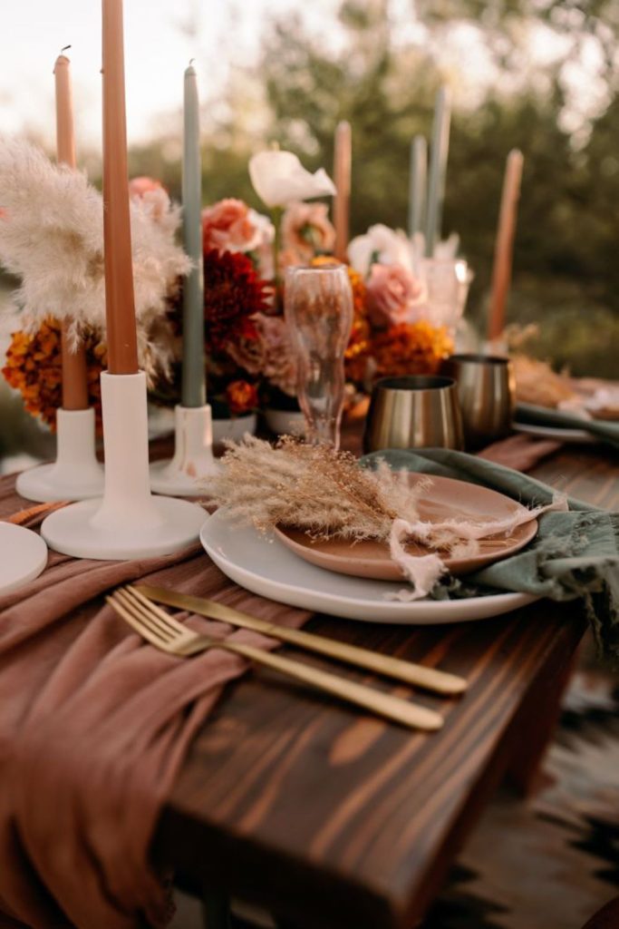 Terracotta and olive rustic tablescape.