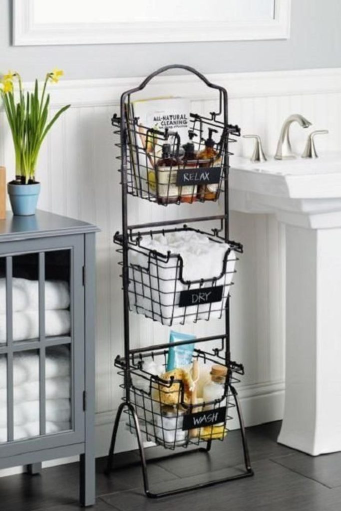 Tiered wicker basket tower organizer.
