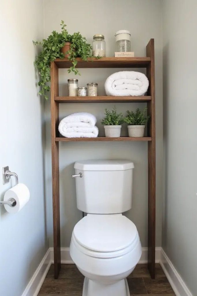 Tiered plant shelf with towels.