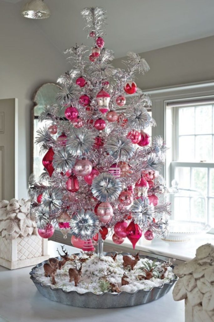 Silver tinsel vintage retro holiday tree.