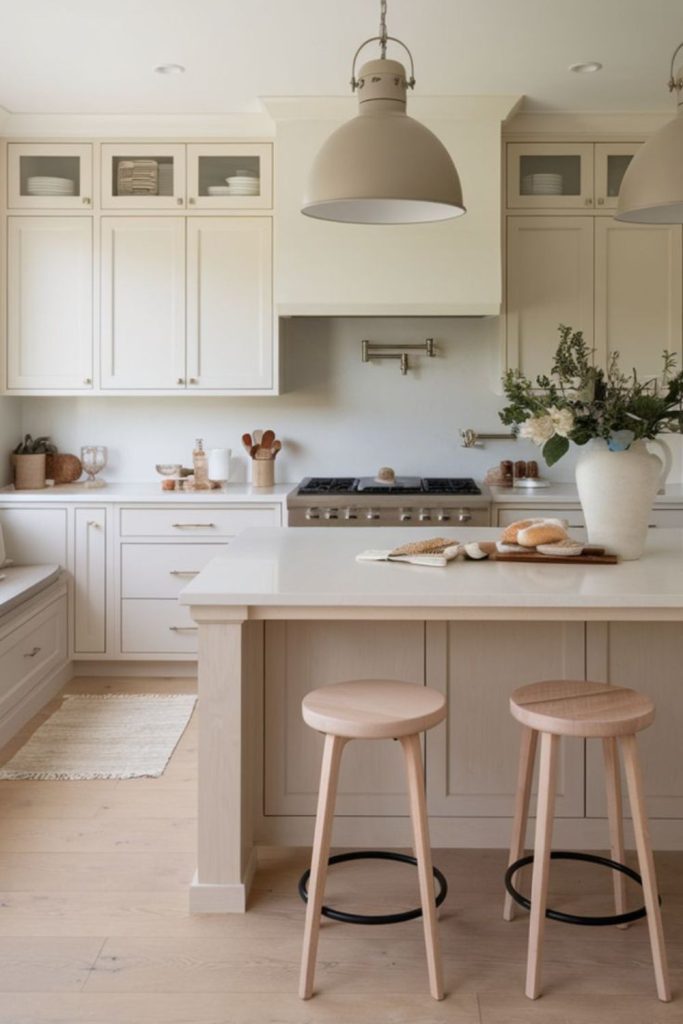 Toasted almond kitchen with linen details.