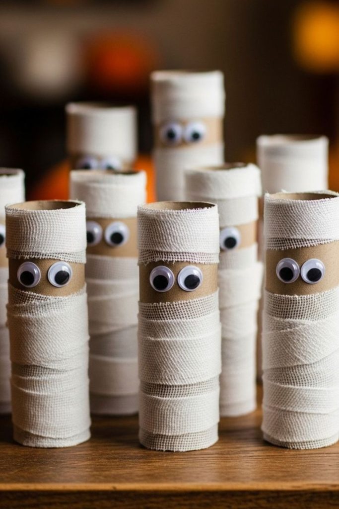 Toilet roll mummies wrapped in gauze.
