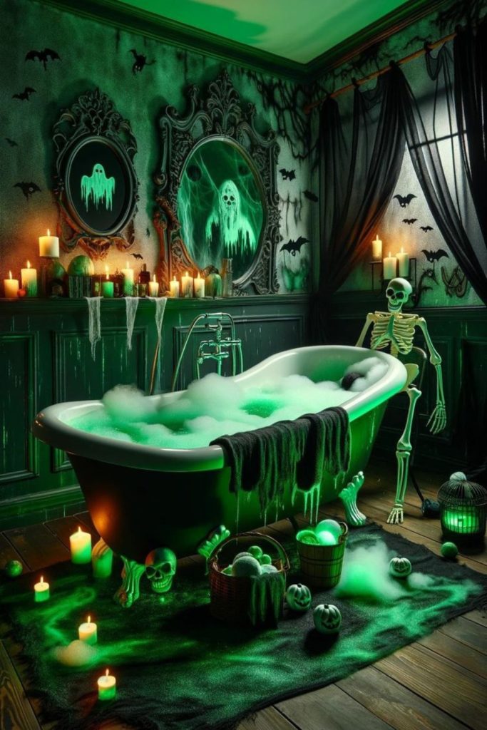 Toxic green glowing Halloween bathroom.