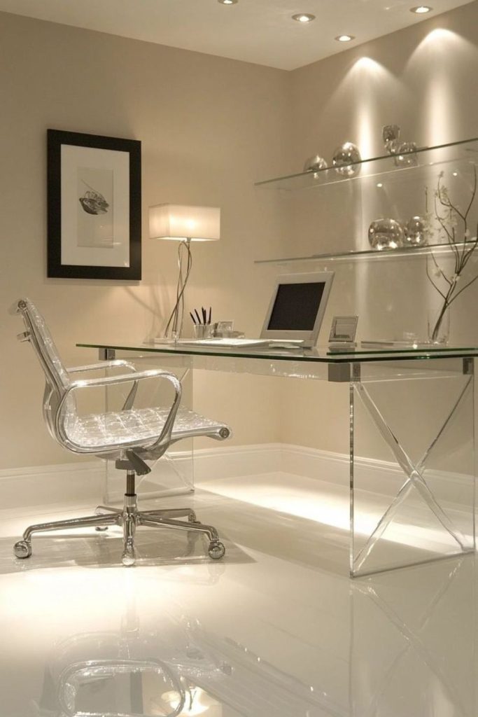 Transparent glass desk with acrylic chair
