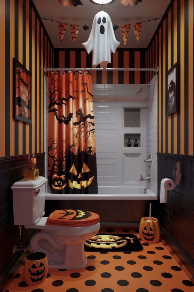Trick-or-treat pumpkin themed Halloween washroom.