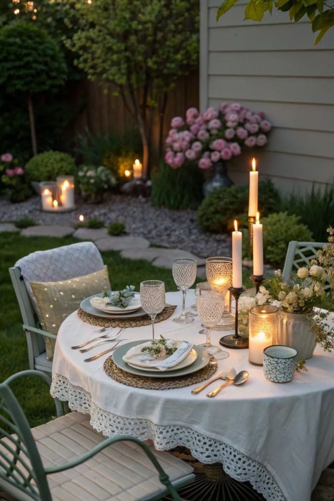 Twilight garden romantic evening dinner table.