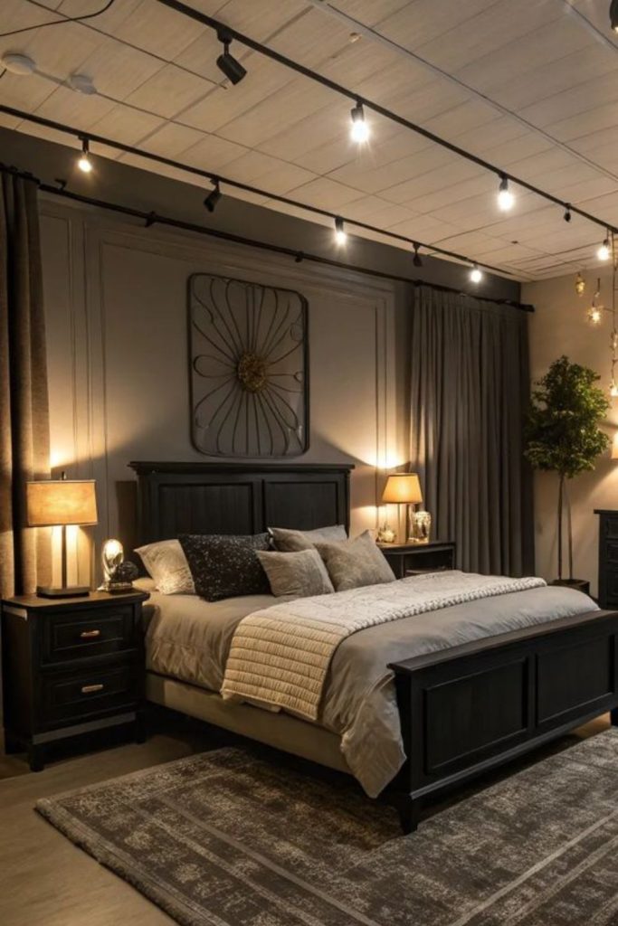 Dark oak rustic romantic bedroom.