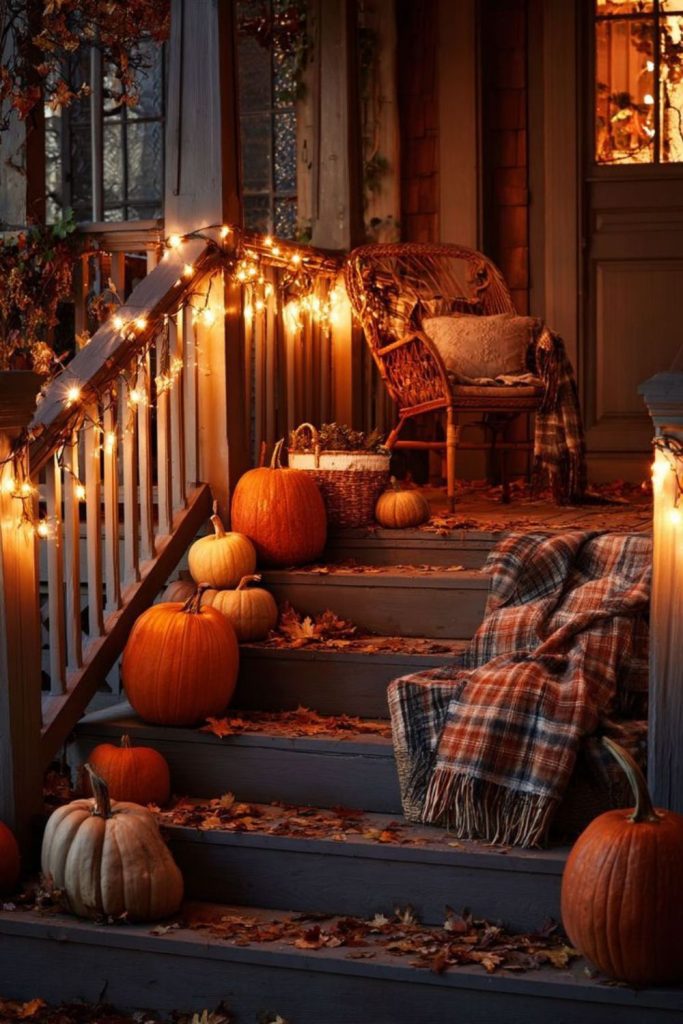 Twilight porch with fairy lights.