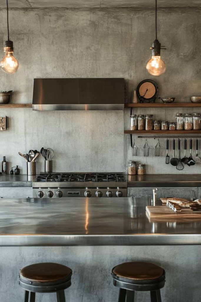 Concrete industrial kitchen with steel design.