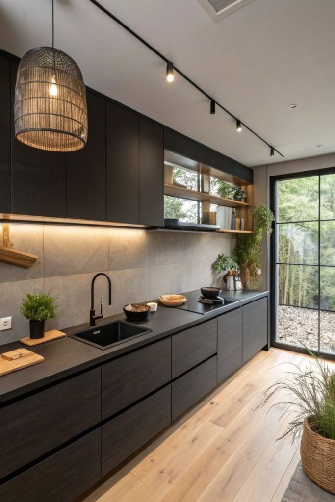 Sleek black minimalist urban kitchen design.