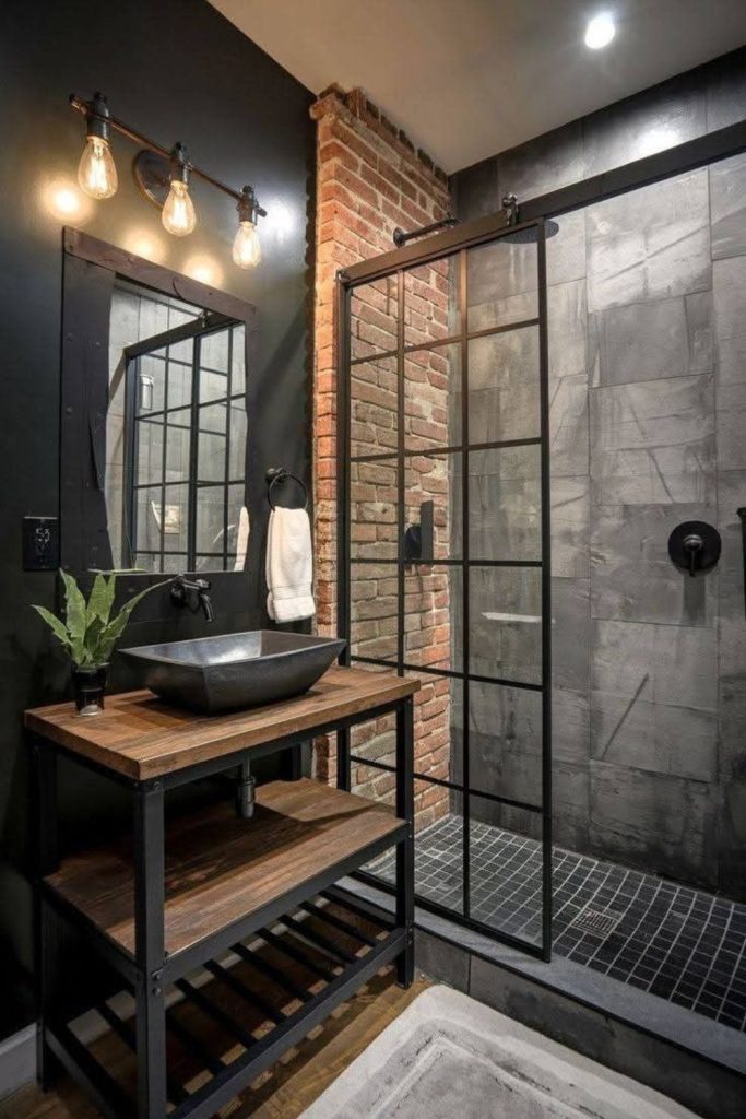 Industrial concrete tiny bathroom with plants.